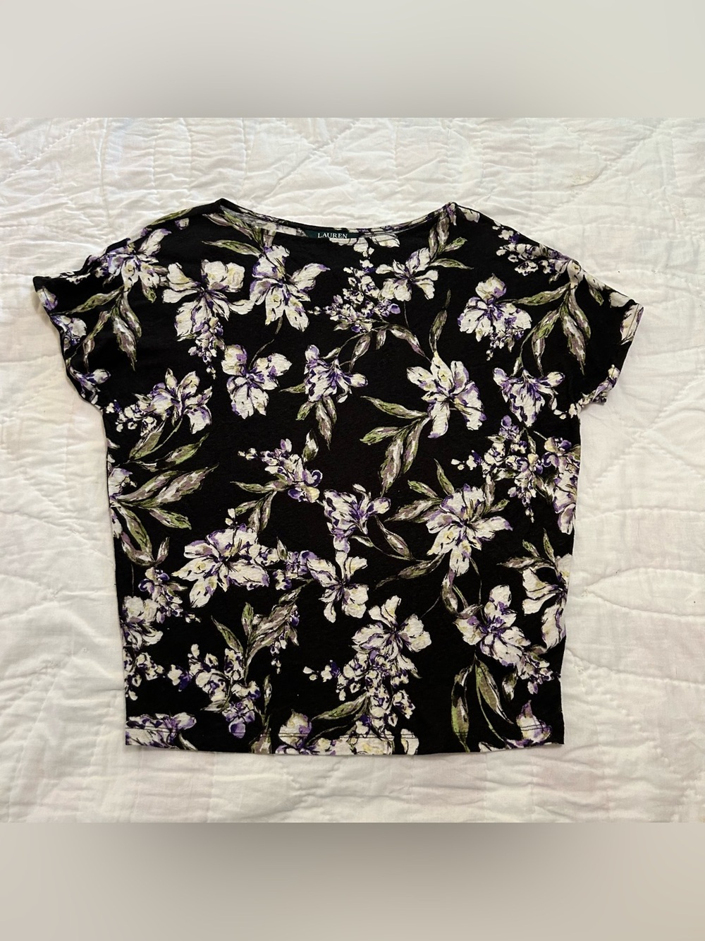 Lauren Ralph Lauren Linen Blend T Shirt Womens S Black Floral Dolman Sleeve